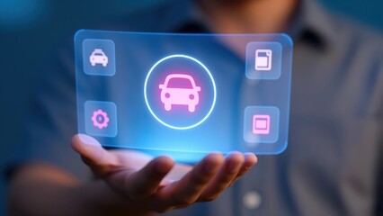 Naklejka premium Innovation in Automotive Technology: A person holds a transparent digital interface, projecting a car icon surrounded by automotive-related applications, showcasing cutting-edge innovation