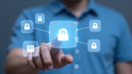 Obraz premium Digital Fortress: A close-up shot of a person's finger delicately interacting with a digital interface, symbolizing secure data protection, digital security, online safety.