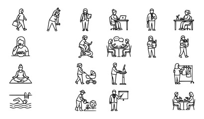 Naklejka premium Professional overweight people outline icon pack with inclusive plus size lifestyle characters