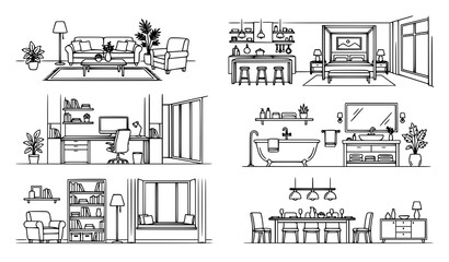 Obraz premium Elegant house interior monoline vector banners collection for home decor and real estate websites