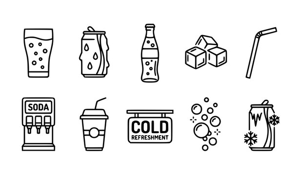 Professional cold soda outline icon pack with fizzy drink and refreshment vector elements