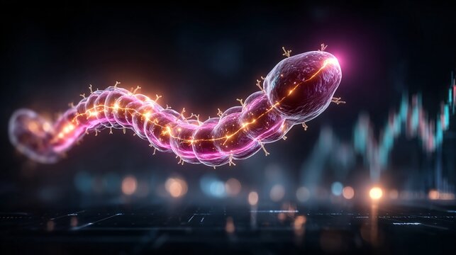 digital bacteria microorganism with electric sparks and data analytics visualization in science innovation