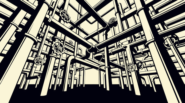 black and white illustration of industrial building interior with columns and beams