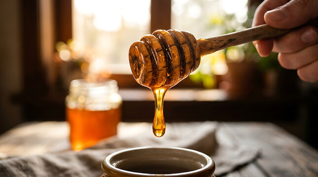 Golden Honey Dripping Slowly From Wooden Dipper Macro