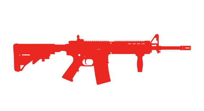 Red Silhouette of Assault Rifle, Modern Weapon, Military Firearm, Isolated on White