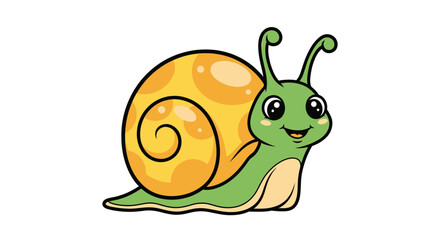 Cute cartoon snail with yellow shell, smiling, isolated on white background © mus