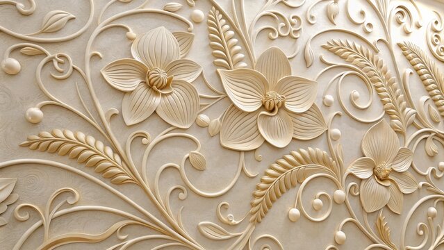 Elegant floral relief pattern with intricate details and golden accents