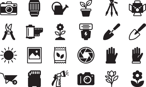 Professional gardening and photography tools collection in monochrome silhouette vector set for creative hobbyists and design.