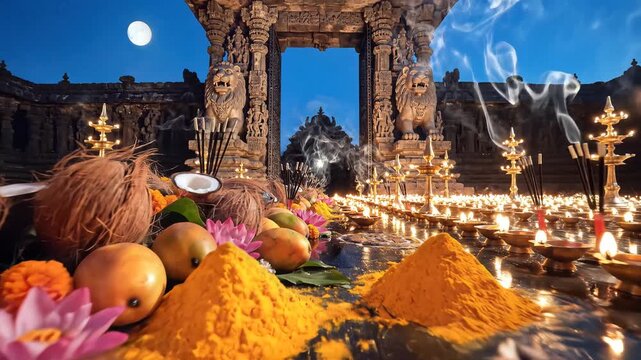 Narasimha Jayanti celebration with traditional oil lamps and offerings at temple