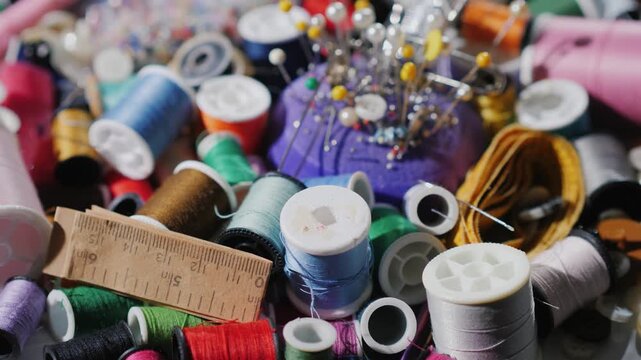 Dynamic close up of sewing threads, pins and notions scattered on white surface, cinematic footage.