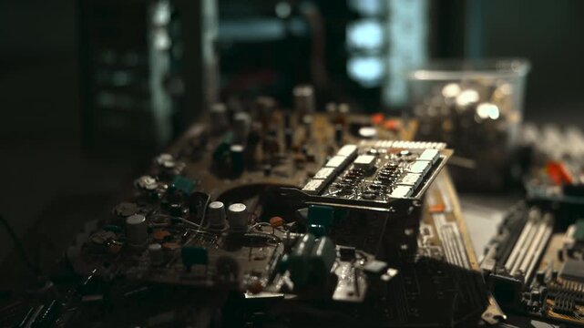 Electronic Circuit Details. Detailed Shot Of Circuit Board With Soldered Components During Inspection . Media