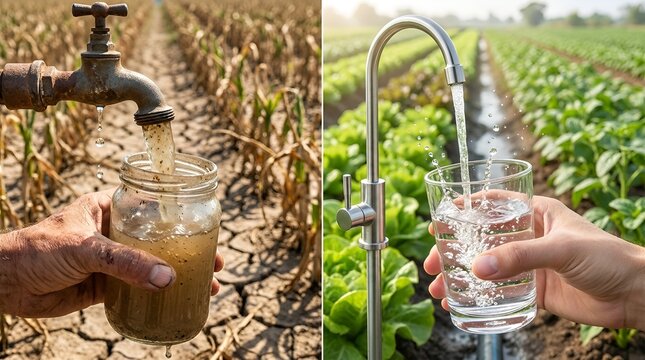 A split-screen image showing a dirty faucet pouring murky water into a jar in a dry field and a clean faucet pouring clear water into a glass in a lush green field.