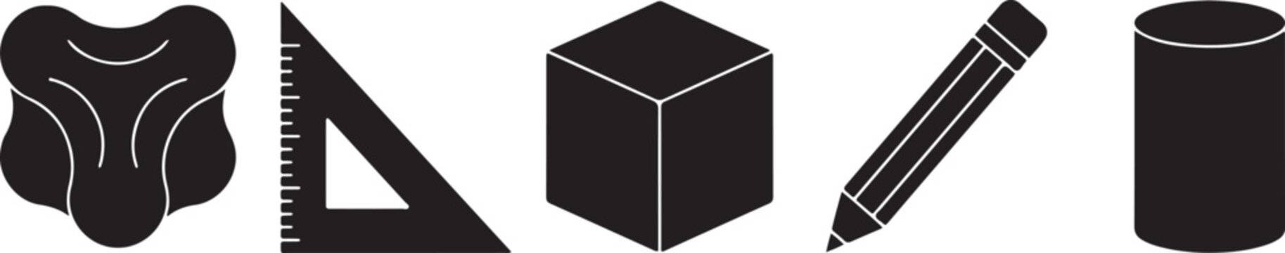 Collection of abstract shapes and geometry tools including triangle ruler cube pencil and cylinder icons on dark grid background.