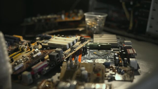 Detailed View Of Circuit Components. Closeup Of Motherboard With Stacked Elements And Connectors . Media