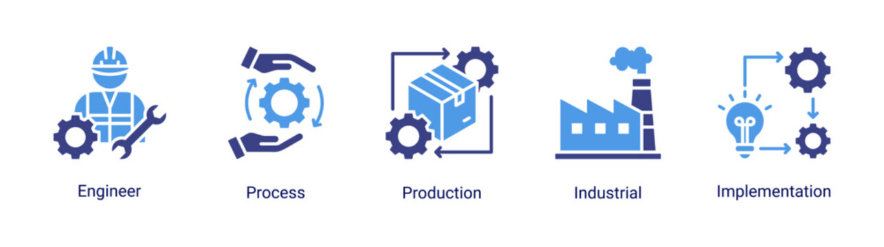 Industrial process icon set featuring engineering,production and implementation workflow vector collection