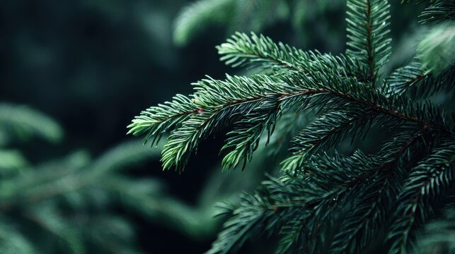 Close up of lush green spruce pine branch in forest