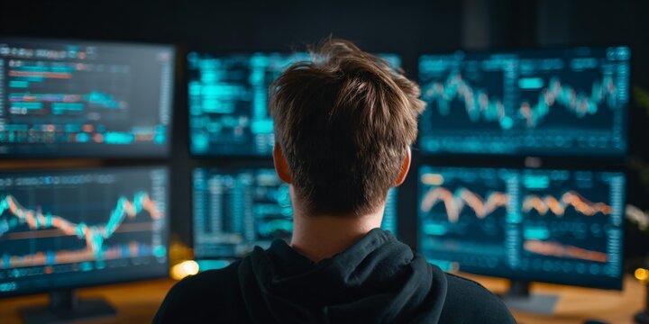 stock market trader analyzing financial data on multiple screens for investment strategies