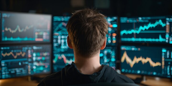stock market analysis and trading strategy with multiple computer monitors displaying financial charts