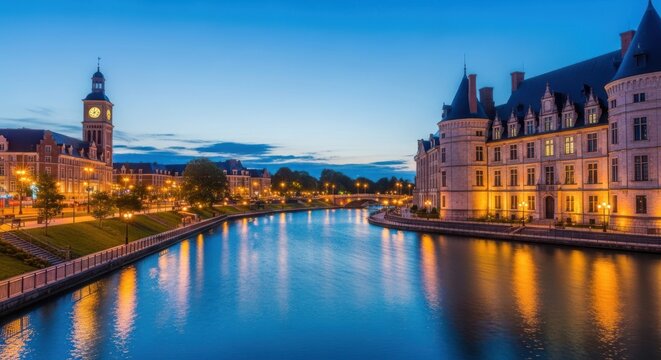 Illuminated chateau and riverfront promenade in lille france at dusk