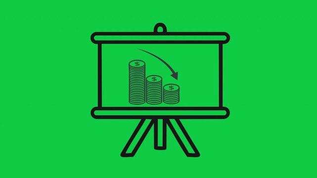 Business Decline Presentation Board with Startup Failure Rocket and Financial Loss Chart Icon on Green Background