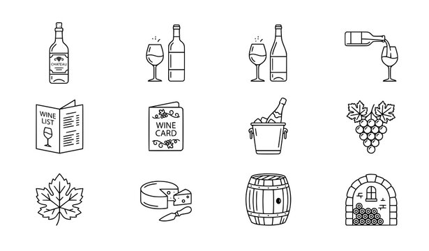 Wine and beverage icon set vector bottle glass barrel grape collection illustration