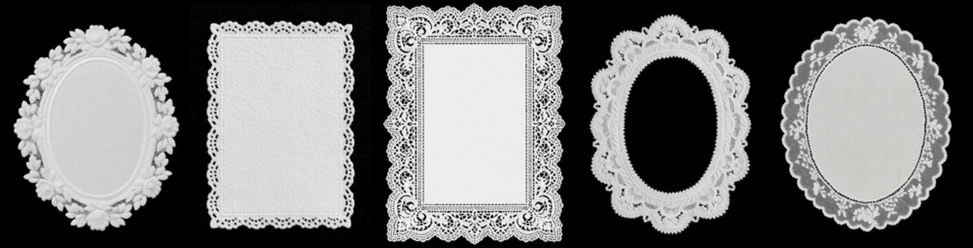 White oval rectangular lace doily with delicate elegant floral embroidery on black background - design set