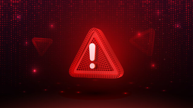 Red warning sign with exclamation mark on grid pattern background with dots and lights  caution symbol in triangle shape