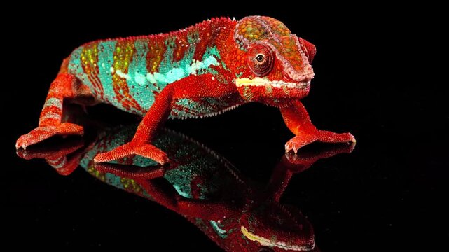 Vibrant panther chameleon standing on reflective black surface studio shot.