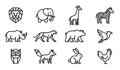 Simple Animal Line Icon Set with Rhino Wolf Owl Rabbit Chicken and Zebra Illustration © Shakib