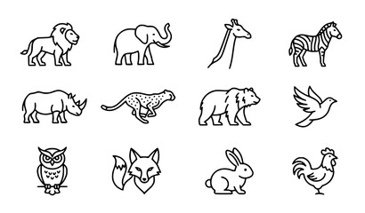 Wild Animal Outline Icon Collection with Lion Elephant Zebra Fox Rabbit and Bird © Shakib
