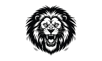 Obraz premium Angry lion face silhouette, expanded mane vector, lion roar graphic, furious lion icon, big mane design, aggressive lion head, lion snarl silhouette, wild lion face, angry big cat