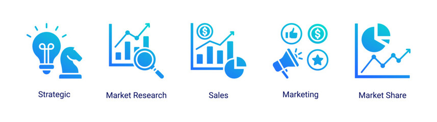 Fototapeta premium Market strategy icon set featuring sales,marketing,market share and research vector collection