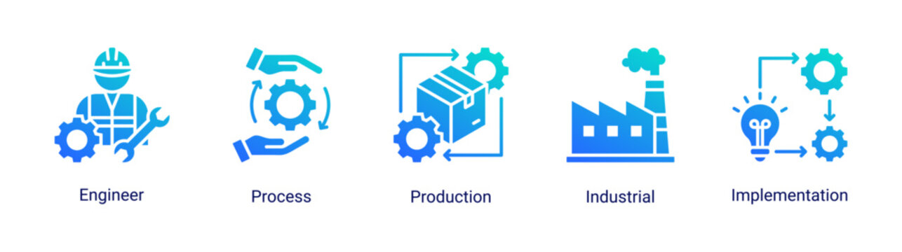 Industrial process icon set featuring engineering,production and implementation workflow vector collection