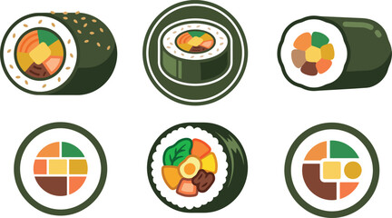 Sushi rolls and maki with various fillings and sesame seeds on white background © vector