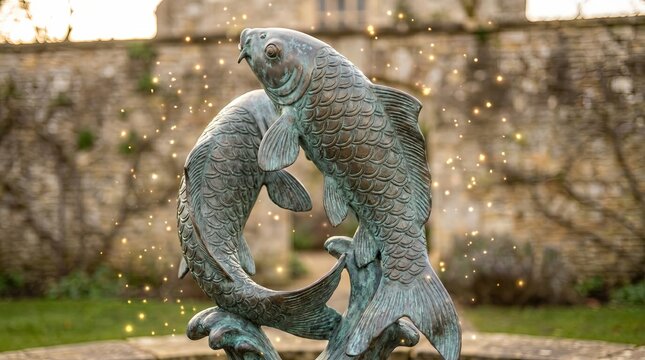 Festive Koi New Year, Lucky Koi Celebration, Japanese Koi Prosperity, Bronze Fish Statue with Sparkling Background