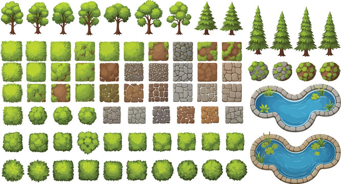 Top down game assets set with trees bushes ground tiles and ponds for 2D strategy map design