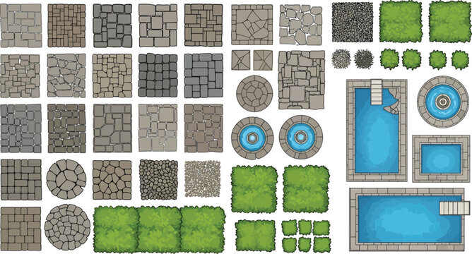 Top down landscape design elements set with stone paving textures, swimming pools, and green garden hedge bushes