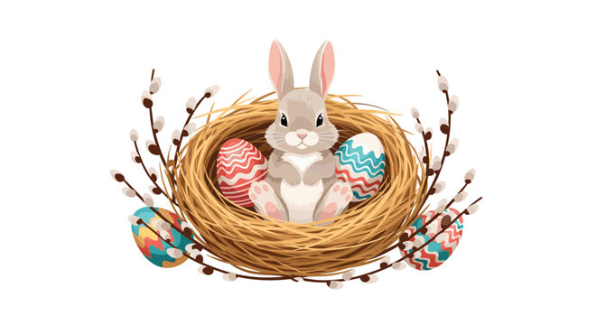Adorable rabbit sits in a cozy straw nest surrounded by colorful decorated eggs and pussy willow branches for Easter morning.
