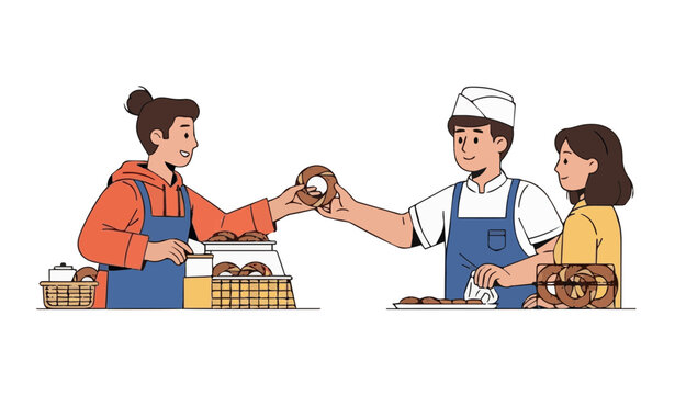 Baker Handing Fresh Pretzel Simit to Vendor Flat Vector Illustration