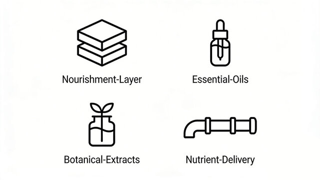 Layered blocks, droppers, and plant bottle icons, nourishing skincare products with layered nourishment, added plant extracts and essential oils, and efficient nutrient delivery.

