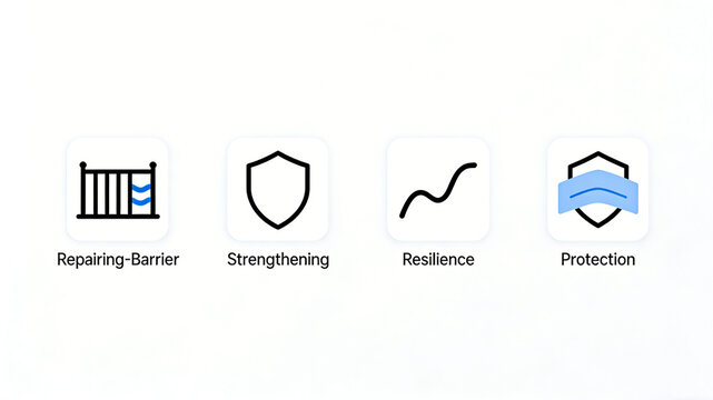 Fence barriers, shields, and curved icons represent the protective effects of repair skincare products that repair barriers, strengthen skin, and enhance resistance.
