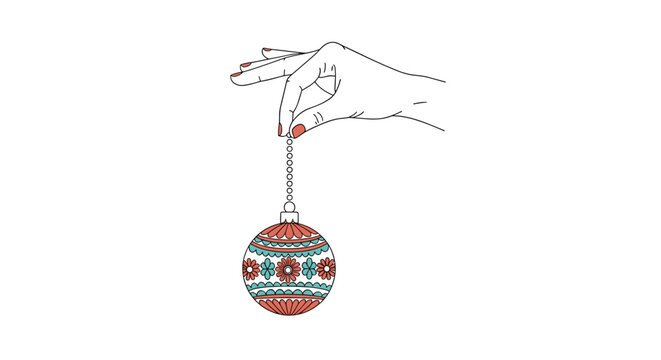 Minimalist line drawing of a hand holding a decorative Christmas bauble with intricate teal and orange floral patterns.