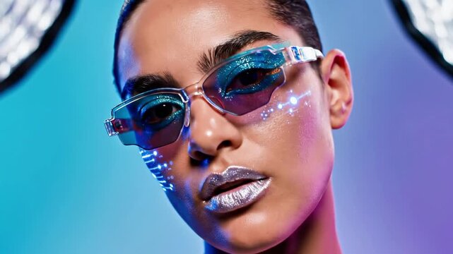 A woman's face with shiny makeup and futuristic glasses against a neon background