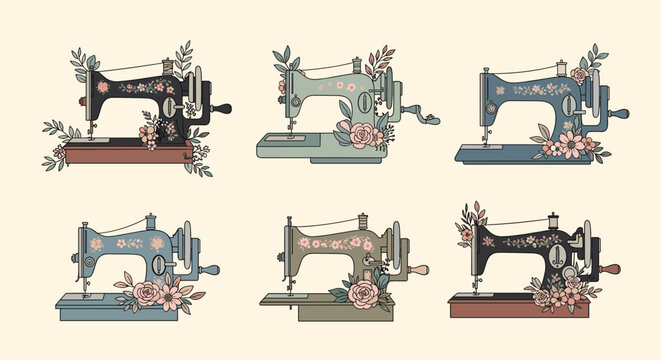 Collection of six vintage sewing machines each decorated with different colorful floral arrangements on a cream background.