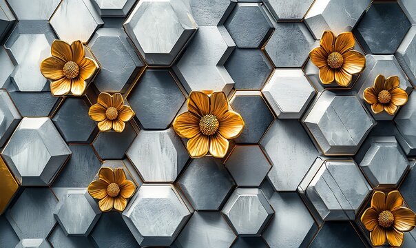 Abstract arrangement of golden flowers on dimensional hexagon pattern background