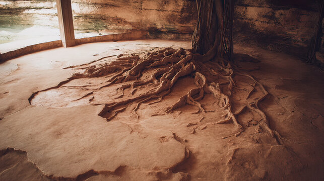 Ancient tree roots glowing beneath a cracked island surface, resembling buried lightning.
