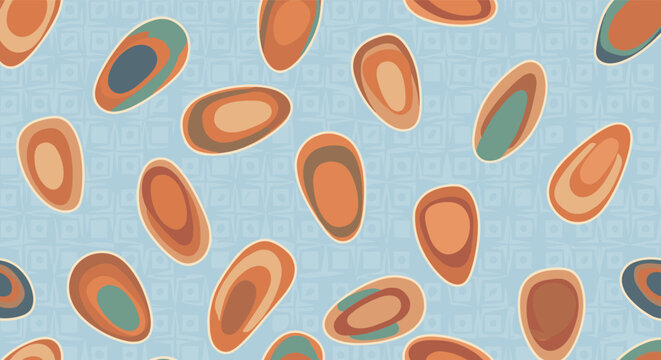 Abstract seamless pattern of multi-colored oval shapes layered over a subtle geometric blue textured background.