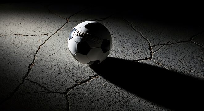 Soccer ball, football, on cracked ground, dramatic lighting, sports