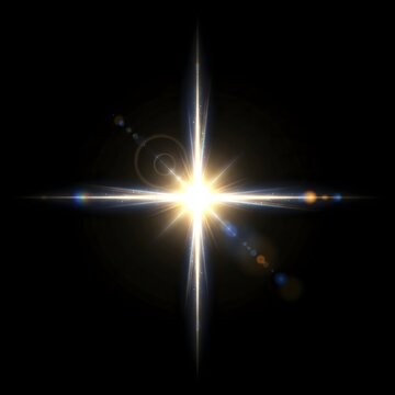 Bright starburst flare with lens flare effects on black background