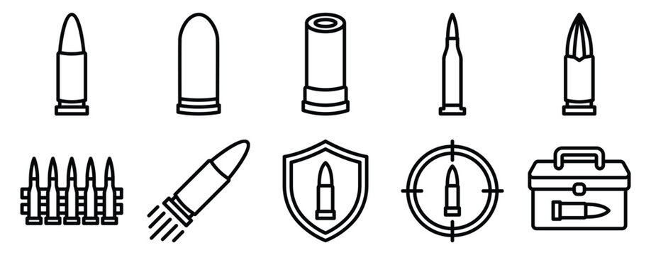 Bullet icon set line outline collection for ammunition symbols including cartridge shell target shield and tactical elements